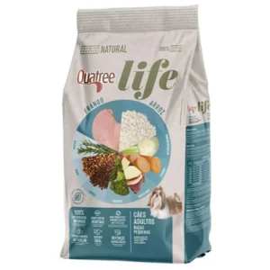 Pacote de ração para cachorro cinza com detalhes em azul para representar a palavra-chave quatree life cães adultos raças pequenas frango e arroz.