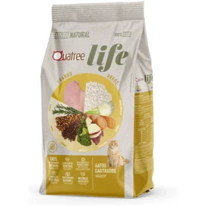 Pacote de ração para gatos cinza com detalhes em amarelo para representar a palavra-chave quatree life gatos castrados frango e arroz.