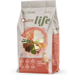 Pacote de ração de gato cinza com detalhes em salmão para representar a palavra-chave quatree life gatos castrados salmão e arroz.
