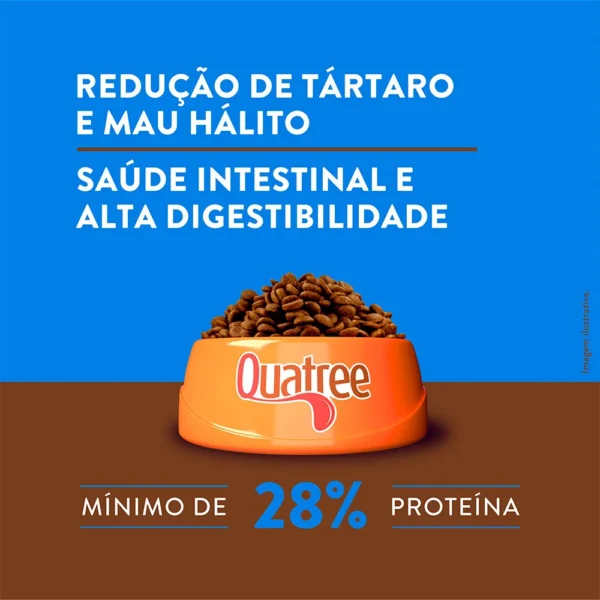Informações sobre ração de cachorro escritas em branco sobre o fundo azul para representar a palavra-chave quatree supreme cães adultos.