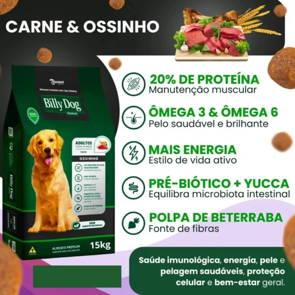 Pacote de ração para cachorro na cor verde com informações de composição ao lado para representar a palavra-chave ração billy dog ossinho sabor carne.