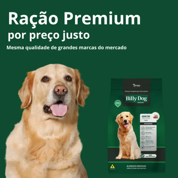 Informações de ração para cachorro escritas em branco sobre o fundo verde para representar a palavra-chave ração billy dog ossinho cão adulto carne.