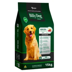 Pacote de ração para cachorro na cor verde para representar a palavra-chave ração billy dog ossinho sabor carne.
