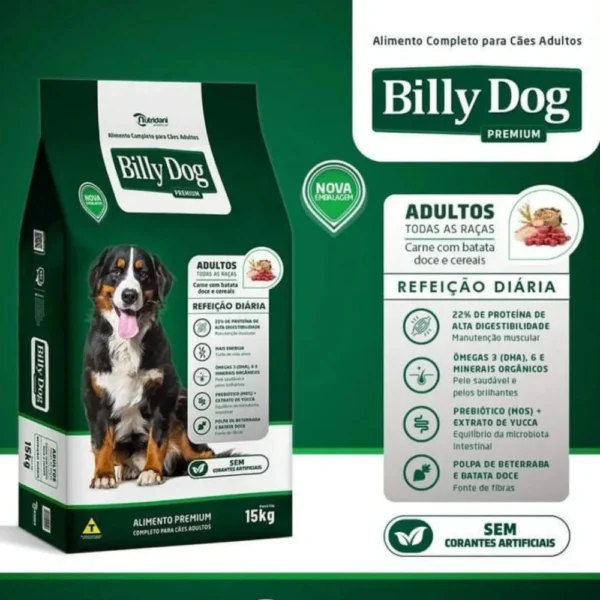 Imagem contendo um pacote de ração Billy Dog e um patch com informações ao lado. Falando sobre ração billy dog refeição diária sabor carne com beterraba.