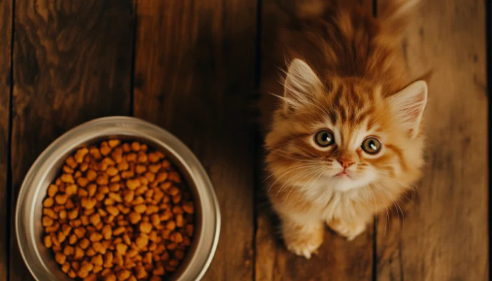 Ração Golden ou Quatree? Um Olhar Atento para Donos de Gatos 1 Filhote de gato laranja ao lado de uma tigela de ração para representar a palavra-chave ração gatos castrados golden.