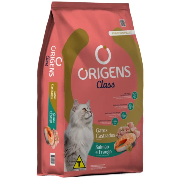 Pacote de ração para gatos na cor salmão para representar a palavra-chave ração origens gatos castrados salmão e frango.