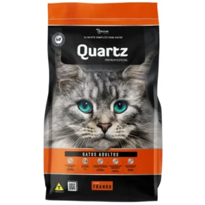 Pacote de ração para grato na cor preta com detalhes em laranja para representar a palavra-chave ração quartz gato adulto sabor frango.