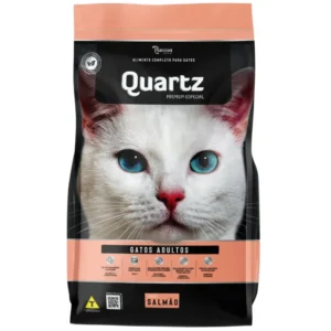 Pacote de ração para grato na cor preta com detalhes em rosa claro para representar a palavra-chave ração quartz gato adulto sabor salmão.