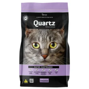 Pacote de ração para gato preto com detalhes em lilás para representar a palavra-chave ração quartz gatos castrados sabor frango.