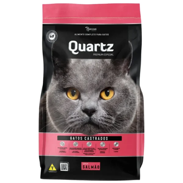 Pacote de ração para grato na cor preta com detalhes em rosa para representar a palavra-chave ração quartz gatos castrados sabor salmão.