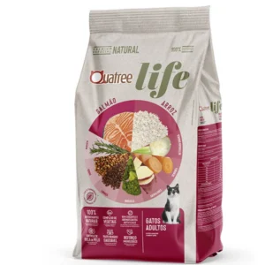 Pacote de ração para gatos cinza com detalhes em magenta para representar a palavra-chave ração quatree life gatos adultos sabor salmão.