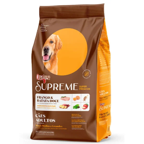 Pacote de ração para cachorro marrom com detalhes em amarelo para representar a palavra-chave ração quatree supreme cães.
