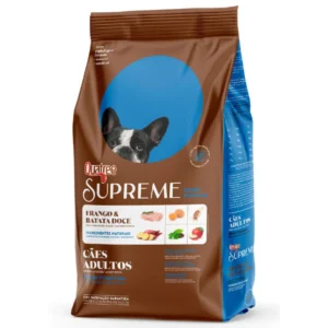 Pacote de ração para cachorro marrom com detalhes em azul para representar a palavra-chave ração quatree supreme cães adultos raças pequenas frango.