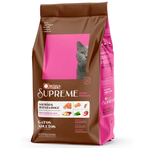 Pacote de ração para gatos marrom com detalhes em rosa para representar a palavra-chave ração quatree supreme gatos.