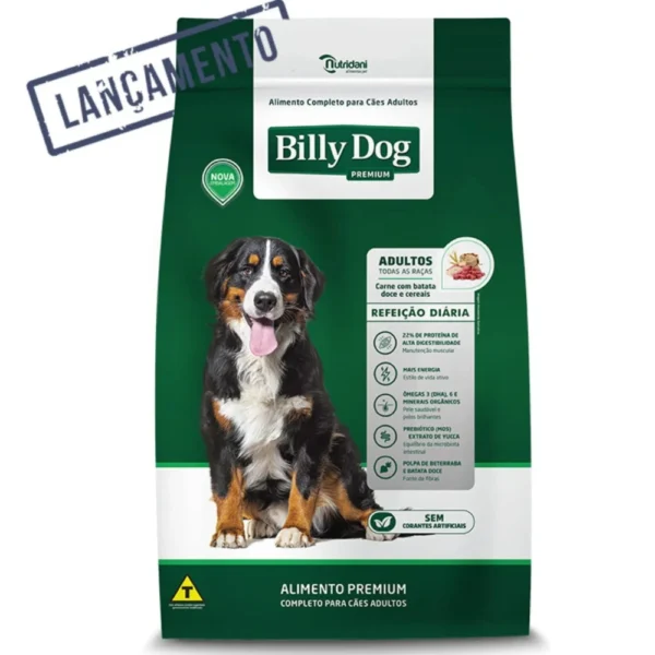 Imagem promocional da ração Billy Dog carne com beterraba. Falando sobre ração billy dog refeição diária sabor carne com beterraba.