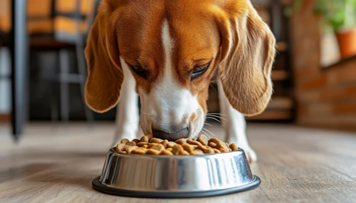 Quatree no Teste do Sódio: Como Ela se Compara? 1 Cachorro branco com orelhas marrons comendo ração de uma tigela para representar a palavra-chave a ração quatree é boa.