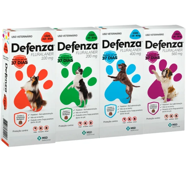 Quatro versões do pacote do antipulgas e carrapatos Defenza. Falando sobre o defenza antipulgas e carrapatos.