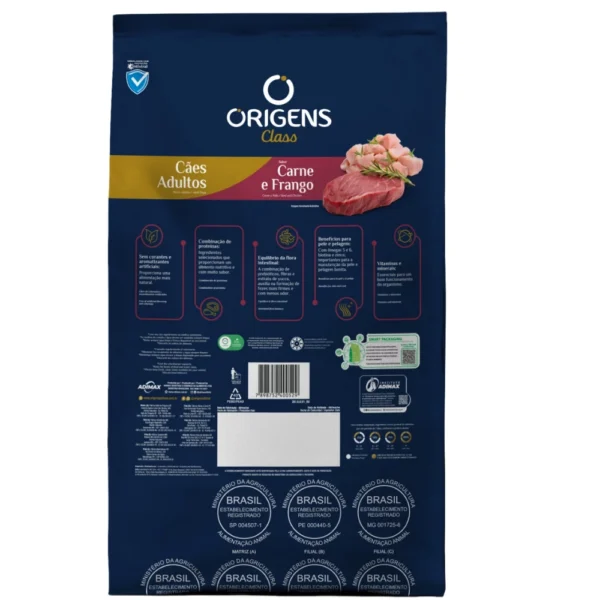 Verso com rótulo de um pacote de ração origens para cães adultos. Falando sobre a origens premium especial class cães adultos carne e frango.