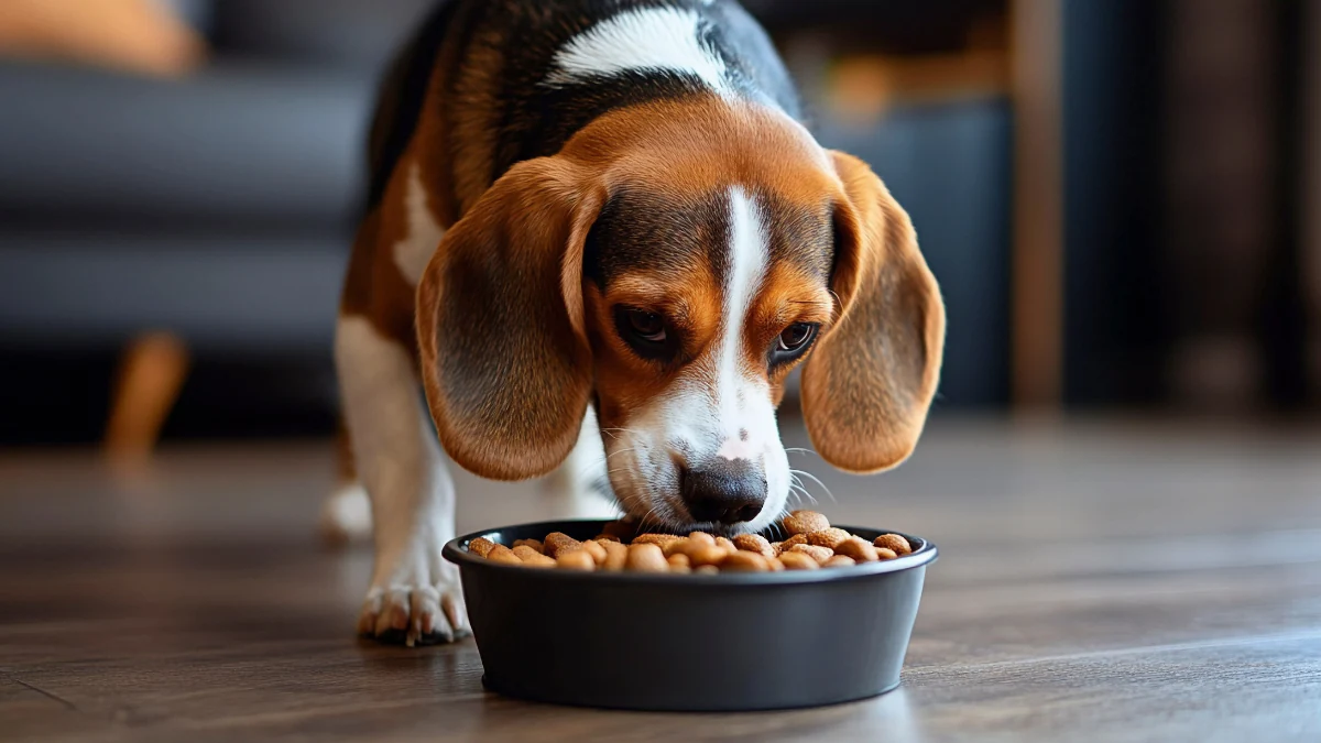 Cachorro comendo ração de uma tigela cinza dentro de uma casa para representar a palavra-chave qual a melhor quatree life ou supreme.