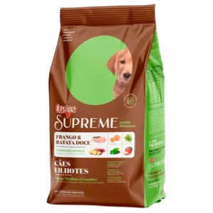 Pacote de ração para cachorro na cor marrom com detalhes em verde claro para representar a palavra-chave quatree supreme filhotes raças médias e grandes.