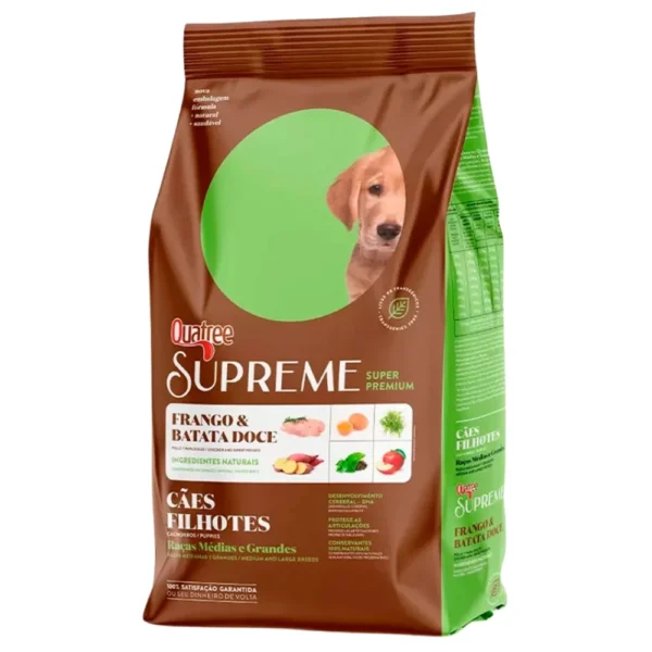 Pacote de ração para cachorro na cor marrom com detalhes em verde claro para representar a palavra-chave quatree supreme filhotes raças médias e grandes.