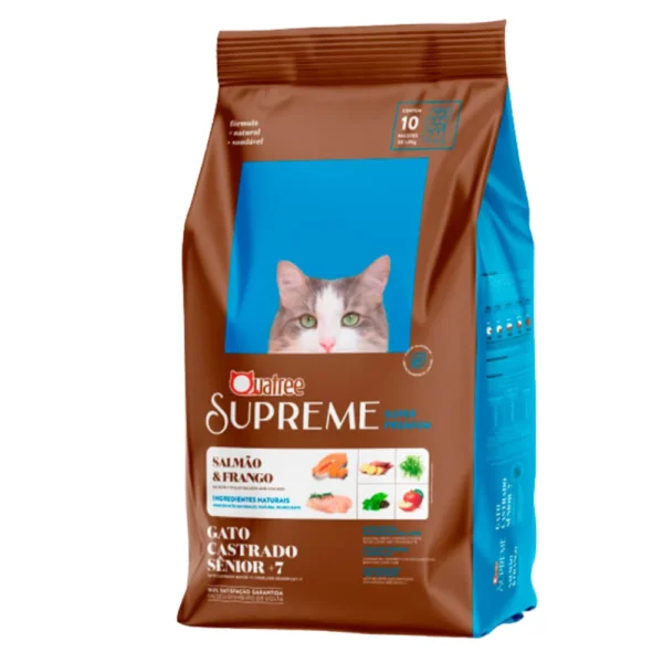 Pacote de ração para gatos na cor marrom com detalhes em azul para representar a palavra-chave quatree supreme gatos castrados sênior.