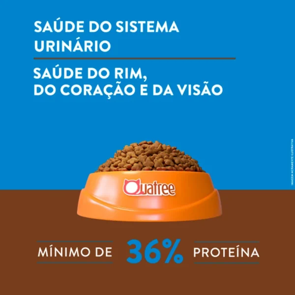 Informações sobre ração de gato escritas em marrom sobre o fundo branco e azul para representar a palavra-chave quatree supreme gatos castrados sênior salmão e frango.