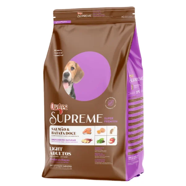 Pacote de ração de cachorro marrom com detalhes em roxo para representar a palavra-chave quatree supreme light castrados todas as raças.