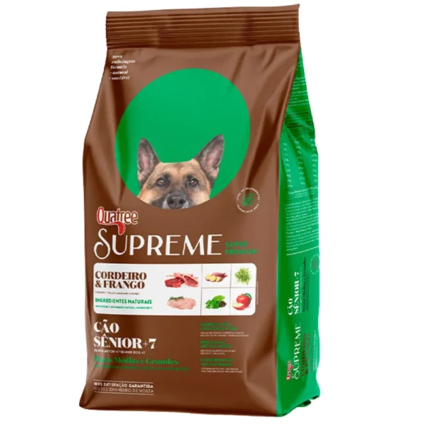 Pacote de ração de cachorro marrom com detalhes em verde para representar a palavra-chave quatree supreme sênior raças médias e grandes.