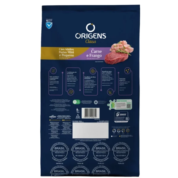 Verso de embalagem de ração Origens para cães pequenos. Falando sobre a origens premium especial cães mini e pequenos carne e frango.
