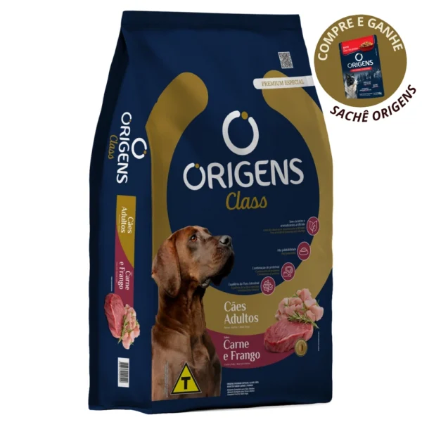 Embalagem de ração premium especial origens carne e frango para adultos. Falando sobre a origens premium especial class cães adultos carne e frango.