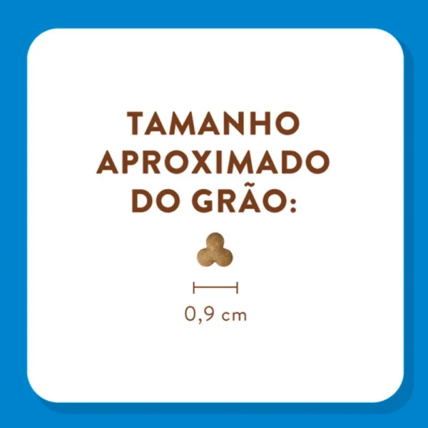 Informações sobre grãos de ração de gato escritas em marrom sobre o fundo branco e azul para representar a palavra-chave ração quatree supreme gatos castrados sênior salmão e frango.