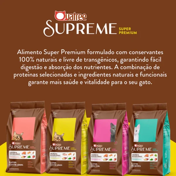Pacotes de ração para gatos alinhados para representar a palavra-chave ração quatree supreme gatos filhotes salmão e batata doce.