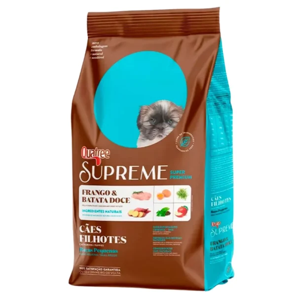 Pacote de ração de cachorro marrom com detalhes em azul claro para representar a palavra-chave ração quatree supreme raças pequenas.