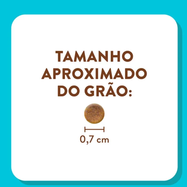 Informações de ração de cachorro escritas em marrom no fundo branco e azul claro para representar a palavra-chave ração quatree supreme raças pequenas frango e batata doce.