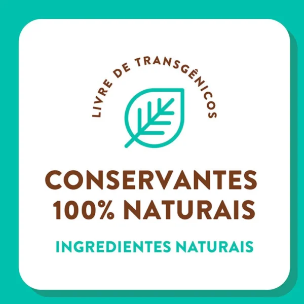 Informações sobre conservantes na ração de gato escritas em marrom sobre o fundo azul e branco para representar a palavra-chave ração quatree supreme salmão e batata doce.