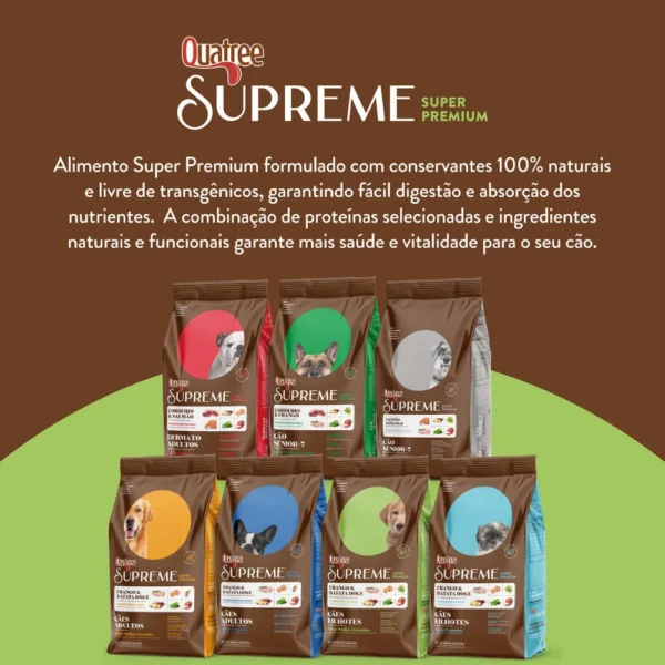 Pacotes de ração de cachorro alinhados para representar a palavra-chave ração quatree supreme sênior raças médias e grandes.