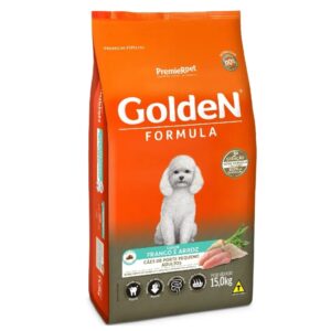 Pacote de ração para cães adultos na cor laranja com detalhes em verdfe para representar a palavra-chave golden adulto racas pequenas frango