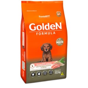 Pacote de ração para cães filhotes na cor laranja vivido com detalhes em laranja para representar a palavra-chave Ração Golden Filhotes Raças Pequenas Frango 1Kg a 10kg