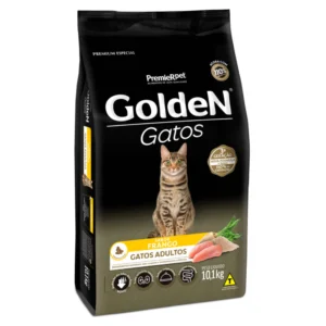 Pacote de ração para gatos adultos na cor preta com detalhes em amarelo para representar a palavra-chave ração Ração Golden Gatos Adultos Frango 10kg Premium