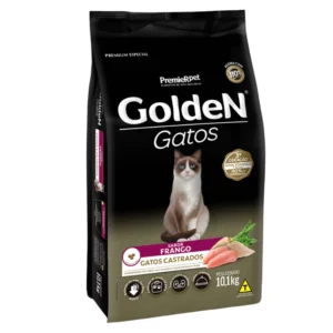 Pacote de ração para gatos castrados na cor preta com detalhes em amarelos para representar a palavra-chave Ração Golden Gatos Castrados Sabor Frango 10kg.