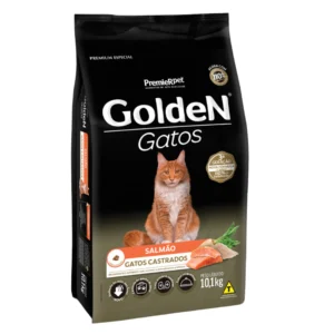 Pacote de ração para gatos adultos castrados na cor preta com detalhes em laranja para representar a palavra-chave ração golden gatos castrados Salmão 10kg