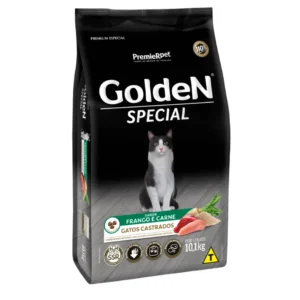 Embalagem de ração para gatos castrados na cor preta com detalhes verde e branco para representar a palavra-chave Golden Special Gatos Castrados.