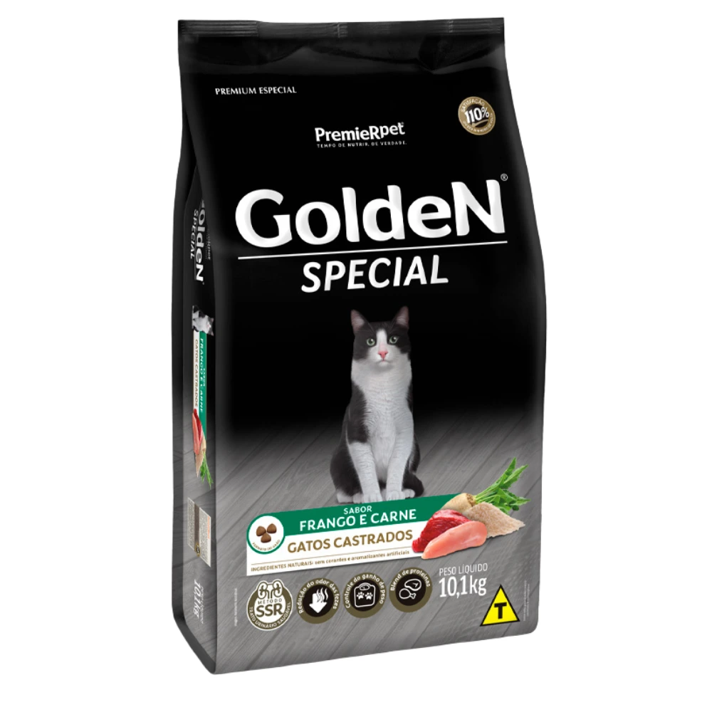 Golden Special Gatos Castrados 10kg 1 Embalagem de ração para gatos castrados na cor preta com detalhes verde e branco para representar a palavra-chave Golden Special Gatos Castrados.