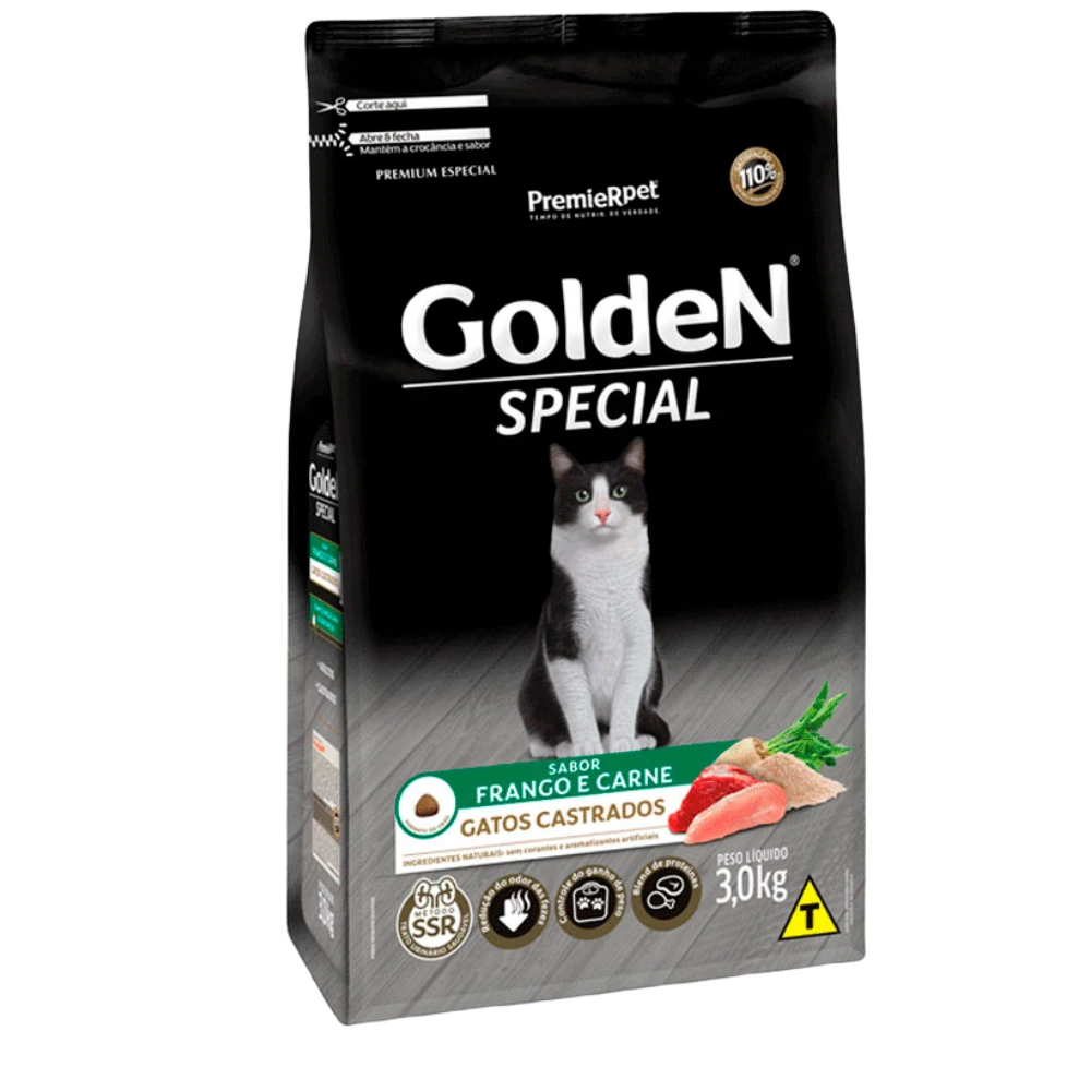 Golden Special Gatos Castrados 10kg 3 Embalagem de ração para gatos castrados na cor preta com detalhes verde e branco para representar a palavra-chave Golden Special Gatos Castrados.