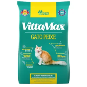Pacote de ração para gatos castrados na cor verde com detalhes em amarelo para representar a palavra-chave Ração Vittamax Gato Peixe 10kg