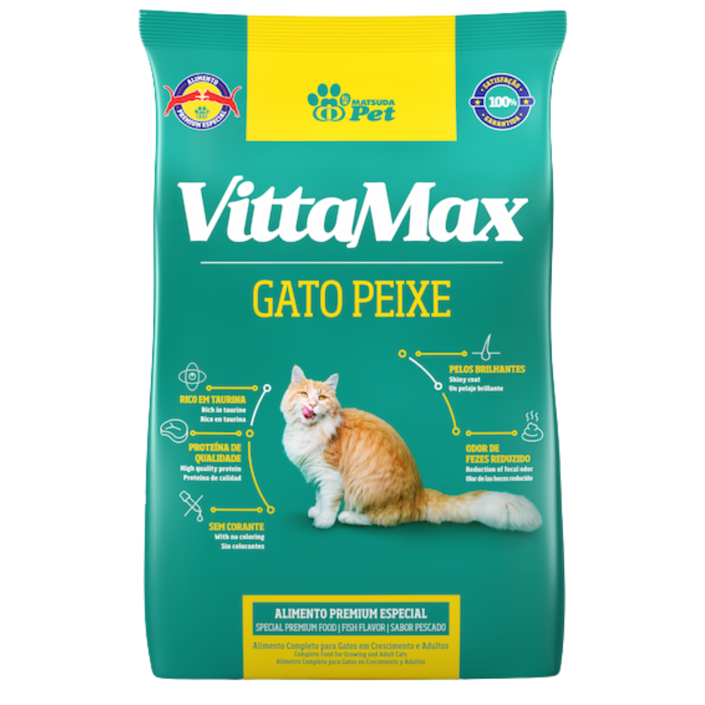Ração Vittamax Gato Peixe 10k a 25kg 1 Pacote de ração para gatos castrados na cor verde com detalhes em amarelo para representar a palavra-chave Ração Vittamax Gato Peixe 10kg