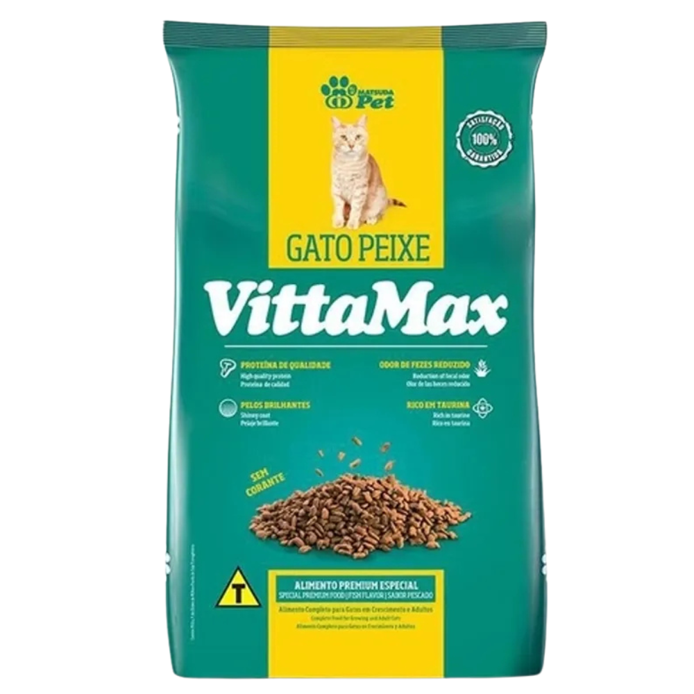 Ração Vittamax Gato Peixe 10k a 25kg 2 Pacote de ração para gatos castrados na cor verde com detalhes em amarelo para representar a palavra-chave Ração Vittamax Gato Peixe 25kg