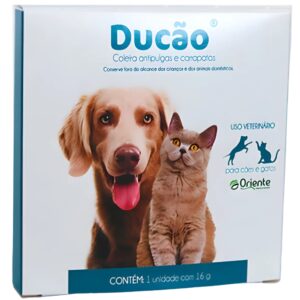 Embalagem na cor cinza com detalhes em verde para representar a palavra-chave Coleira AntiPulgas Ducão 16g