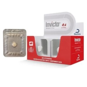 Caixa na cor vermelha com detalhes em branco para representar a palavra-chave Antipulgas Invicto Cães Gatos 1 Comprimido